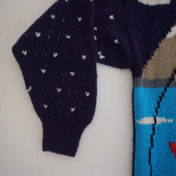 Vintage Merona Navy Wool Canoe Fishing Graphic Sweater Cabincore Eclectic Small - Picture 8 of 11